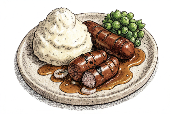 Bangers and Mash with Caramelized Onion Gravy