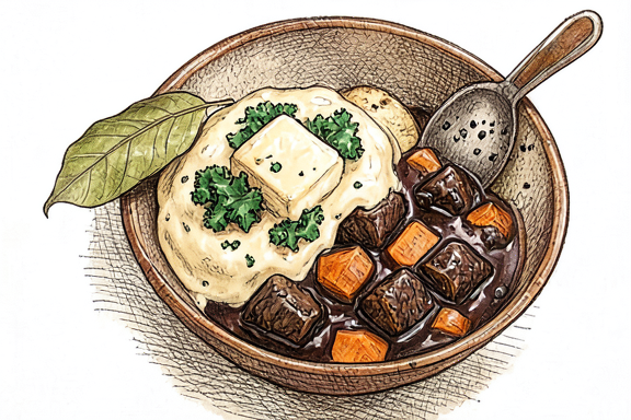 Говядина с пивом Гиннесс и чамп (картофельное пюре с капустой)