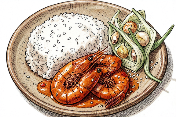 Эби чили с жареной капустой и рисом
