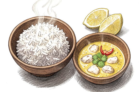 Рыбное карри по-гоански с пропаренным рисом