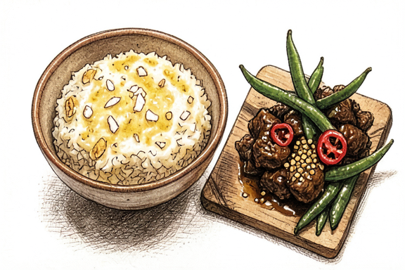 Индонезийское говяжье ренданг с кокосовым рисом и зелёной фасолью
