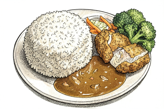 Японский куриный кацу карри с рисом и брокколи на пару