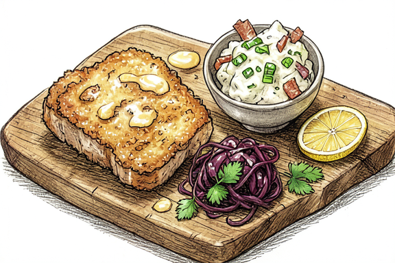 Свиной шницель с немецким картофельным салатом и тушёной красной капустой