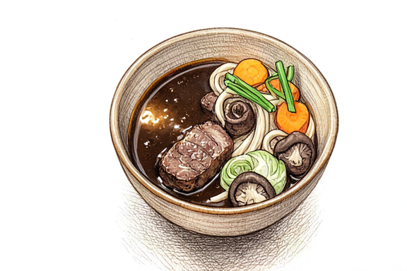 Сукияки с лапшой удон и овощами