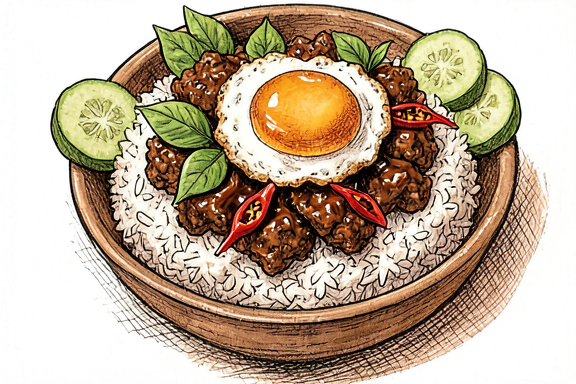 Тайский базилик с курицей (Пад Крапао) с жареным яйцом и жасминовым рисом